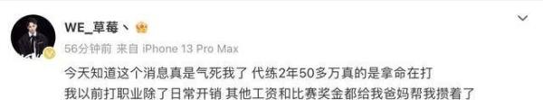 WE.草莓谈“胖猫”一事:代练2年50多万真的是拿命在打