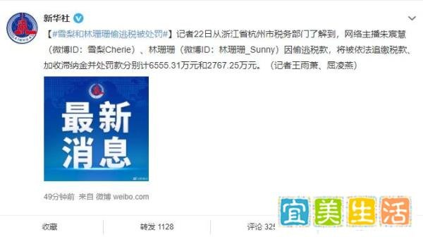 两大网红逃税数额巨大，共被罚款超9千万！雪梨和林珊珊发文致歉