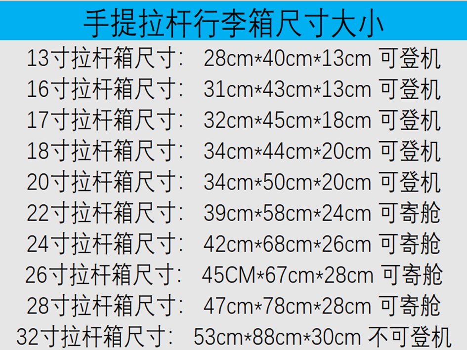 行李箱尺寸对照表